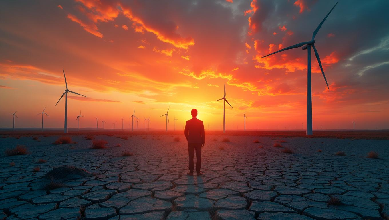 Un lecho de río seco y agrietado serpentea hacia una vibrante puesta de sol bajo un cielo dramático. Árboles silueteados salpican el paisaje y una hilera de aerogeneradores se alza en la distancia media.