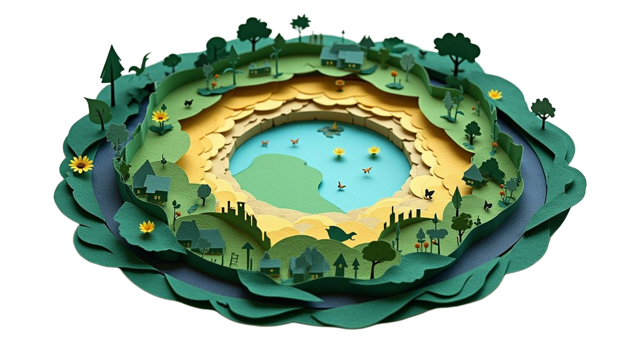 A layered paper art illustration depicting a circular ecosystem in the style of doughnut economics. The image shows a 3D cross-section of a landscape arranged in concentric circles, crafted from cut paper in shades of green, yellow, and blue. At the center is a blue lake with small butterflies or birds flying over it. The lake is surrounded by graduated layers of terrain that rise up through sandy-colored cliffs to green hills dotted with small houses, trees, yellow flowers, and more butterflies. The entire scene is viewed from above at an angle, creating a doughnut or crater-like shape that emphasizes the circular nature of the economy and its relationship with the environment. The detailed papercraft creates a whimsical, storybook quality while conveying the serious concept of circular economic systems.