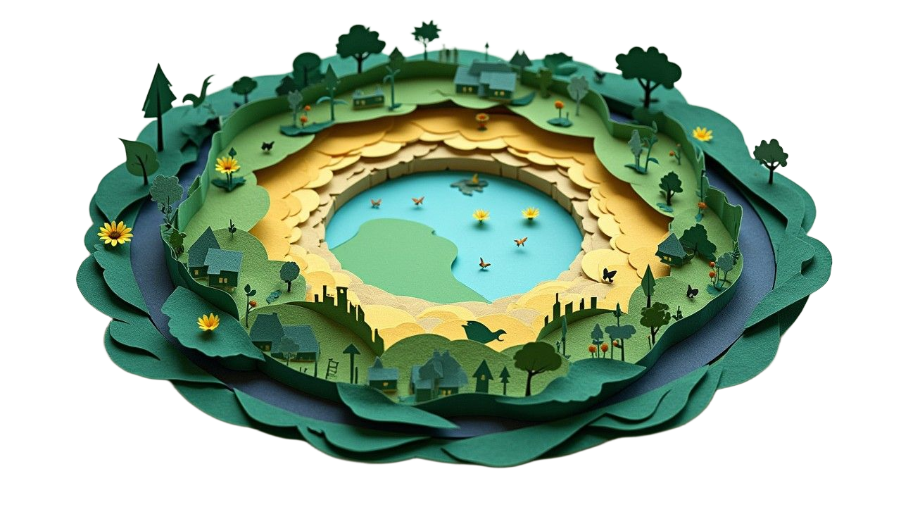 Una ilustración de arte en papel por capas que representa un ecosistema circular en el estilo de la economía del donut. La imagen muestra una sección transversal en 3D de un paisaje organizado en círculos concéntricos, elaborada con papel recortado en tonos verdes, amarillos y azules. En el centro hay un lago azul con pequeñas mariposas o pájaros volando sobre él. El lago está rodeado por capas graduadas de terreno que se elevan a través de acantilados color arena hasta colinas verdes salpicadas de pequeñas casas, árboles, flores amarillas y más mariposas. Toda la escena se ve desde arriba en un ángulo, creando una forma de donut o cráter que enfatiza la naturaleza circular de la economía y su relación con el medio ambiente. El detallado trabajo en papel crea una cualidad fantástica de libro de cuentos mientras transmite el serio concepto de los sistemas económicos circulares.