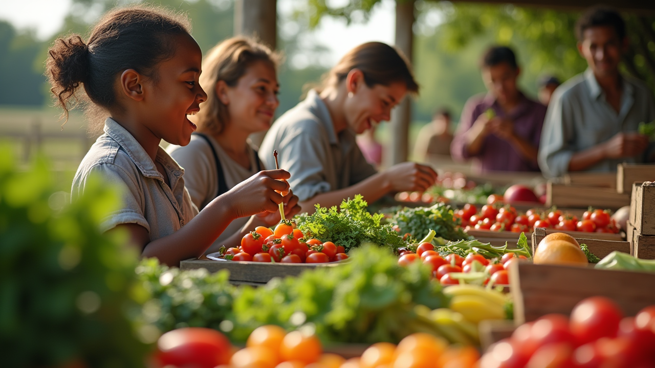 Una niña, sonriente y alegre, está sentada a una mesa cargada de vegetales frescos, como tomates, lechuga y otros, junto a dos adultos que también sonríen y manipulan los productos.