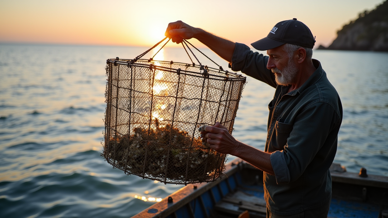 Un ostricultor inspecciona su cosecha en una jaula de malla durante el atardecer - un medio de vida cada vez más amenazado por la acidificación del océano, que dificulta la formación de conchas en los mariscos en las aguas cambiantes.