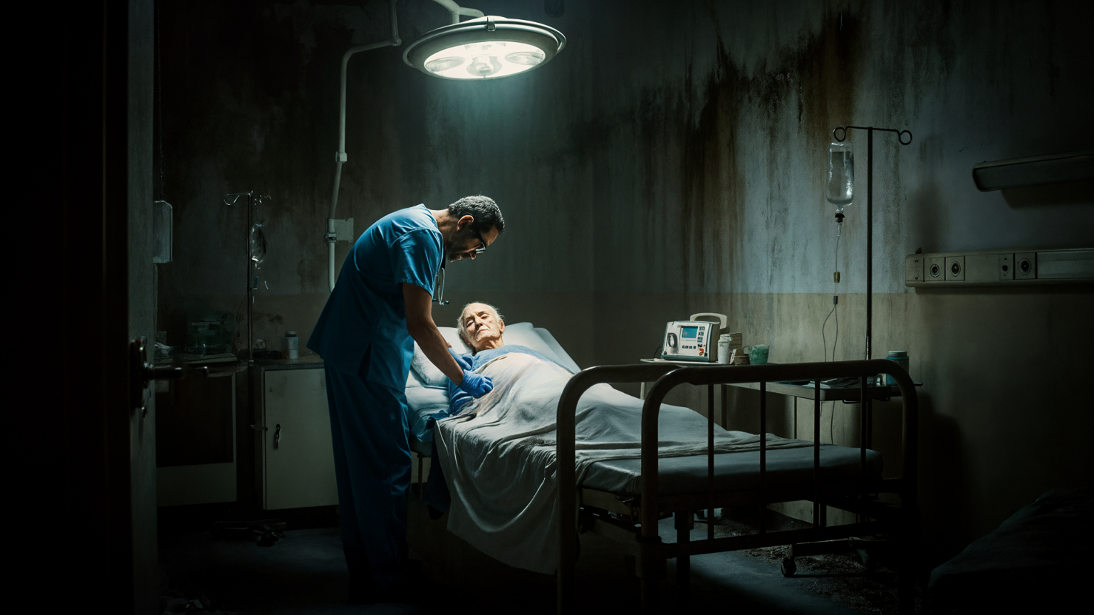 Una habitación de hospital tenuemente iluminada por una luz quirúrgica superior, donde un trabajador de la salud con uniforme azul atiende a un paciente anciano acostado en una cama de hospital. La habitación parece anticuada, con paredes desgastadas y equipo médico básico, lo que sugiere posibles disparidades en el acceso a la atención médica y la calidad de las instalaciones. La escena captura tanto la dedicación del personal médico como los desafíos de brindar atención médica equitativa en diferentes entornos socioeconómicos.